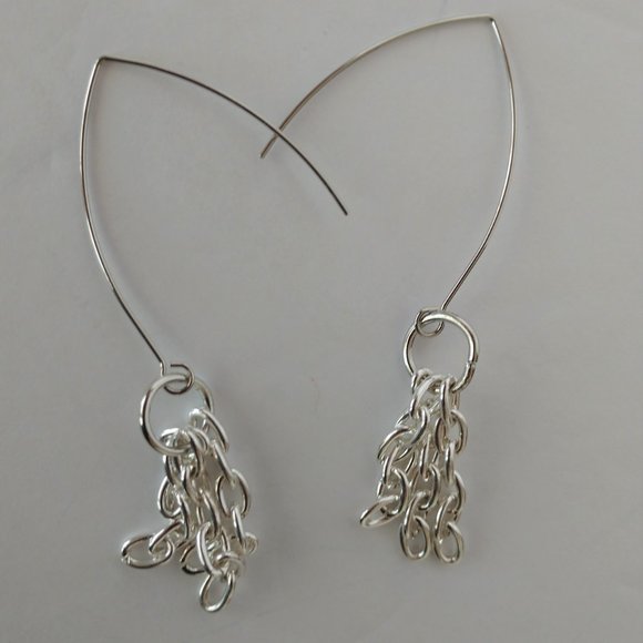 Handmade Silver Plated Chain Earrings on Boomerang Wires 3 Inches - Picture 2 of 16